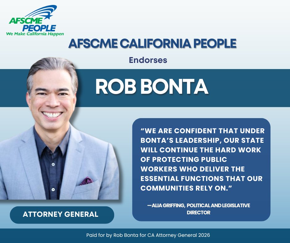 RobBonta's tweet image. I’ve seen what public-sector workers do for our state, day in and day out. That’s why I’ve taken on illegal federal job cuts, defended public loan forgiveness, and fought to preserve strong union protections. Grateful to have AFSCME California PEOPLE in my corner.