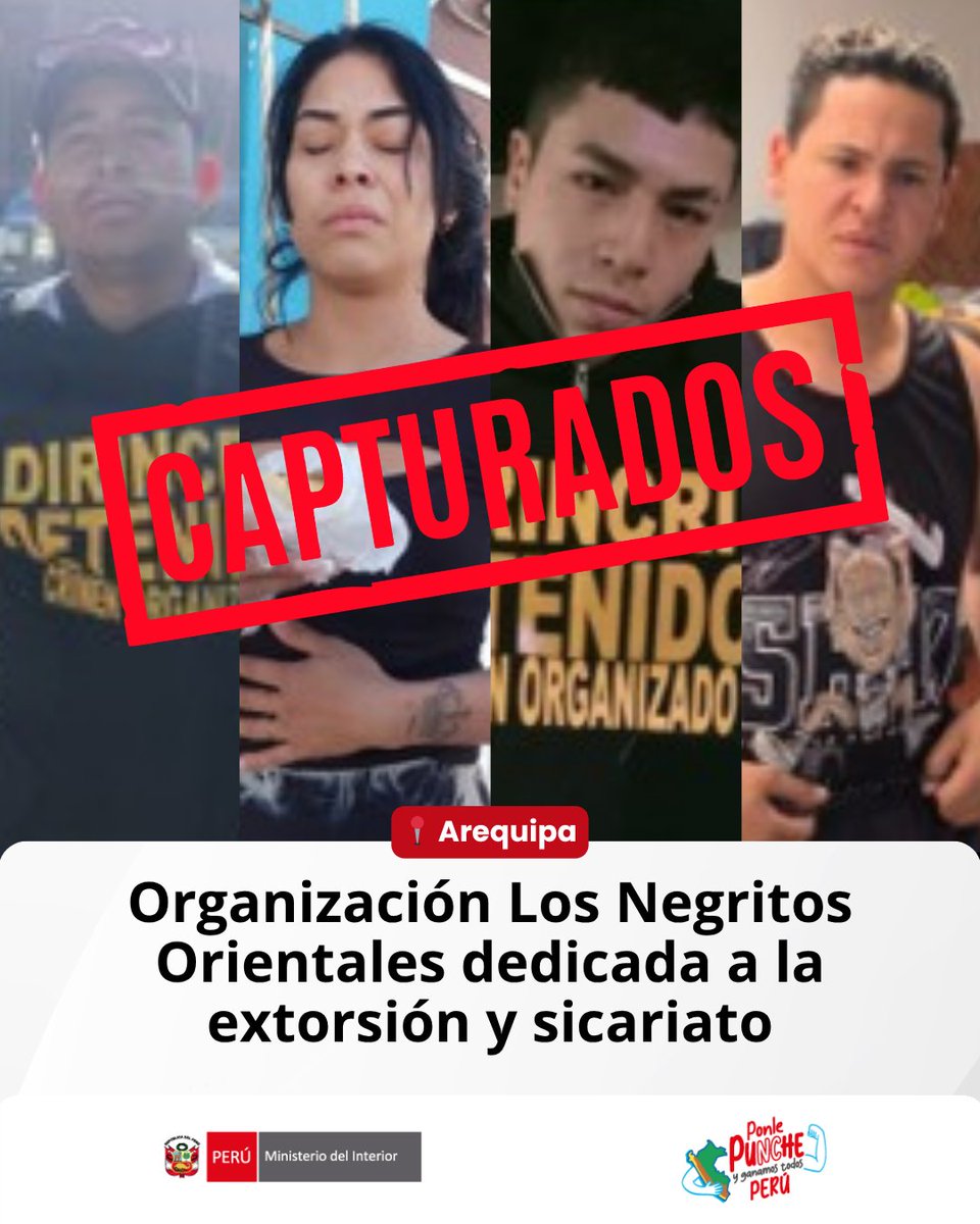 MininterPeru's tweet photo. ¡Cae mafia dedicada a la extorsión y sicariato!
📍 #Arequipa

Al allanar 11 inmuebles, la @PoliciaPeru y #Digimin desarticularon la red criminal Los Negritos Orientales al capturar a cuatro de sus integrantes que sembraban el terror. El operativo policial sigue en desarrollo. https://t.co/TG5wNqjjli