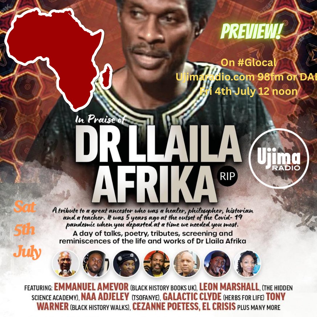 #Glocal Fri 4th July on <a href="/Ujimaradio/">Ujima Radio</a> noon UK/11am Ghana . Global on ujimaradio.com! 

In praise of #DrLlailaAfrika - an event coming up this w/end in #London with a raft of healing specialists who demonstrate the impact of the legacy of #DrAfrika 
Text/WA: +44 7960240198