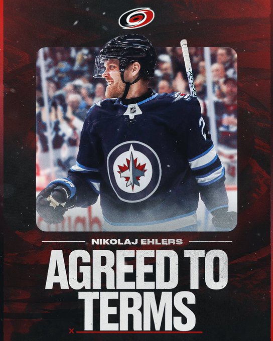 Graphic announcing Nikolaj Ehlers has agreed to terms with the Canes 