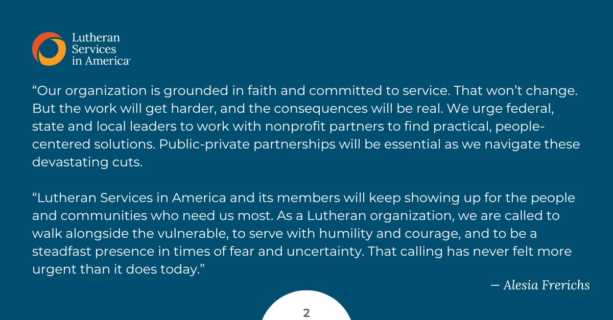 LutheranSvcs's tweet image. Congress passed its budget reconciliation bill that will usher in significant cuts to healthcare coverage. Alesia Frerichs, president & CEO of Lutheran Services in America, issued a statement in response. #HereWeStand
hubs.ly/Q03vQZ_v0