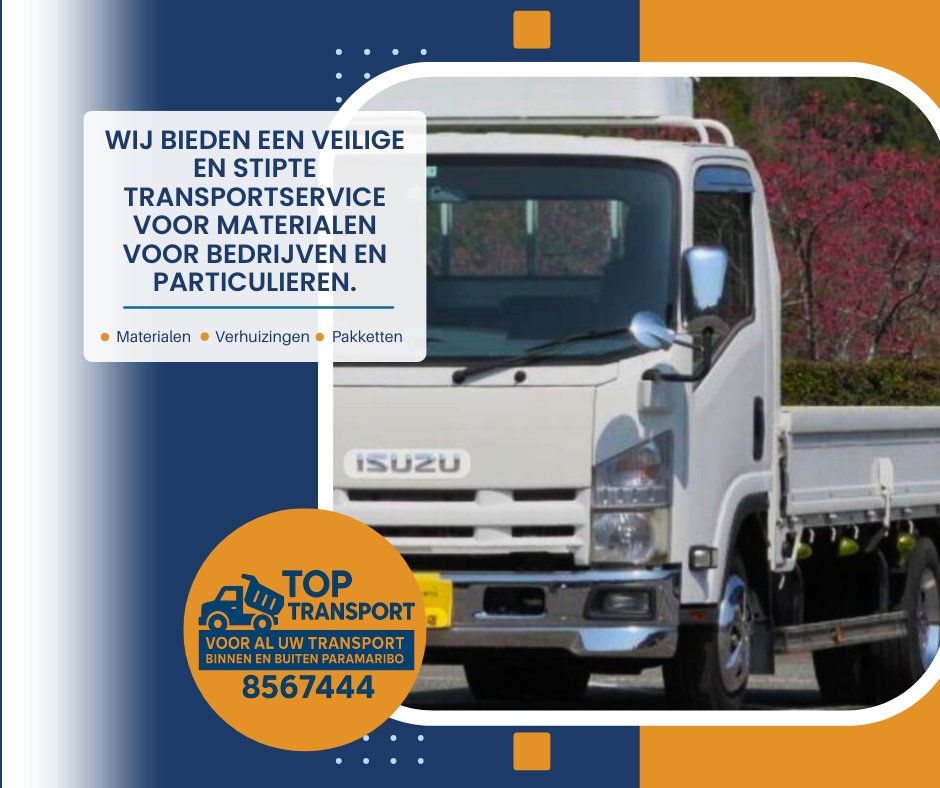toptransportsu's tweet photo. Wij bieden een veilige en stipte transportservice voor materialen voor bedrijven en particulieren. We vervoeren alles, van lichte ladingen tot grotere zendingen, en zorgen er altijd voor dat alles in perfecte staat aankomt. Bel/ WhatsApp : +597 856 7444
#TopTransport #Materialen https://t.co/Ex5ecJMzpm