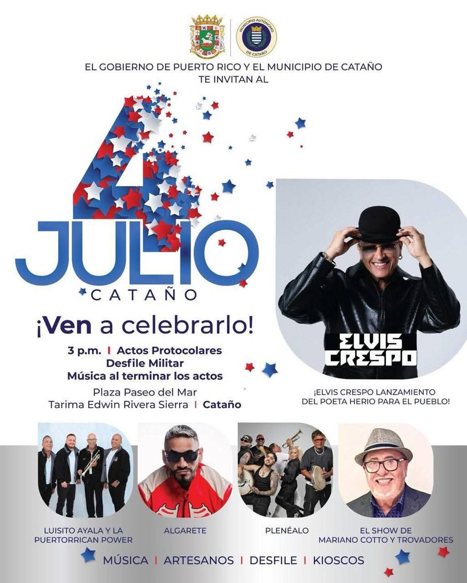 ¡Este 4 de julio nos vemos en <a href="/catano/">Municipio Autónomo de Cataño</a>!

Te esperamos en la Plaza Paseo del Mar Tarima Edwin Rivera Sierra para juntos conmemorar la Independencia de Estados Unidos 🇺🇸.
 
🕒 Desde las 3:00 p.m.
🎖️ Actos protocolares y desfile militar
🎶 Música
🎨 Artesanos | 🍴 Gastronomía local