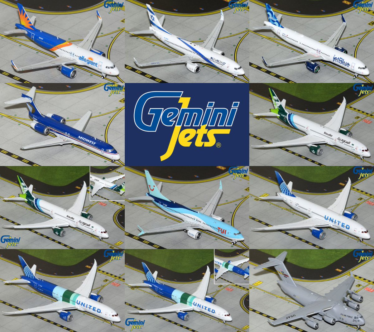 AVAILABLE NOW! New GeminiJets 1:400-scale models: Allegiant A320, El Al 737-800, JetBlue A321neo, Midwest 717-200, Saudia 787-9 (standard &amp; flaps down), TUI UK 737 MAX 8, United 787-8, United 787-9 "The Future is SAF" (standard &amp; flaps down), U.S. Air Force C-17 March AF Base.