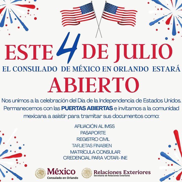 Latin Community Advisors “ Tu Ventanilla de Salud” (@vdsorlando) on Twitter photo Celebremos el Día de la Independencia con salud preventiva! 🇺🇸
Este 4 de julio, la <a href="/VDSORLANDO/">Latin Community Advisors “ Tu Ventanilla de Salud”</a> del <a href="/ConsulMexOrl/">Consulado de México en Orlando</a> estará ofreciendo servicios de salud y extendemos una cordial invitación a toda la comunidad para que asista a nuestra Clínica de Visión.
🕙 Detalles del evento:
- Celebremos el Día de la Independencia con salud preventiva! 🇺🇸
Este 4 de julio, la <a href="/VDSORLANDO/">Latin Community Advisors “ Tu Ventanilla de Salud”</a> del <a href="/ConsulMexOrl/">Consulado de México en Orlando</a> estará ofreciendo servicios de salud y extendemos una cordial invitación a toda la comunidad para que asista a nuestra Clínica de Visión.
🕙 Detalles del evento:
-