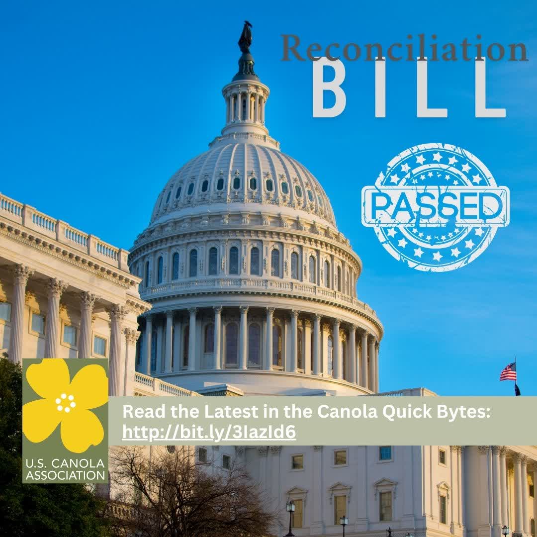Big news for #canola farmers: Congress passes a historic #ReconciliationBill with higher #PLCprices, more #ARC support, new base acres &amp; stronger #CropInsurance, fixes #45Z for canola biofuels and extends credit to 2029.
📩 Read more: bit.ly/3IazId6