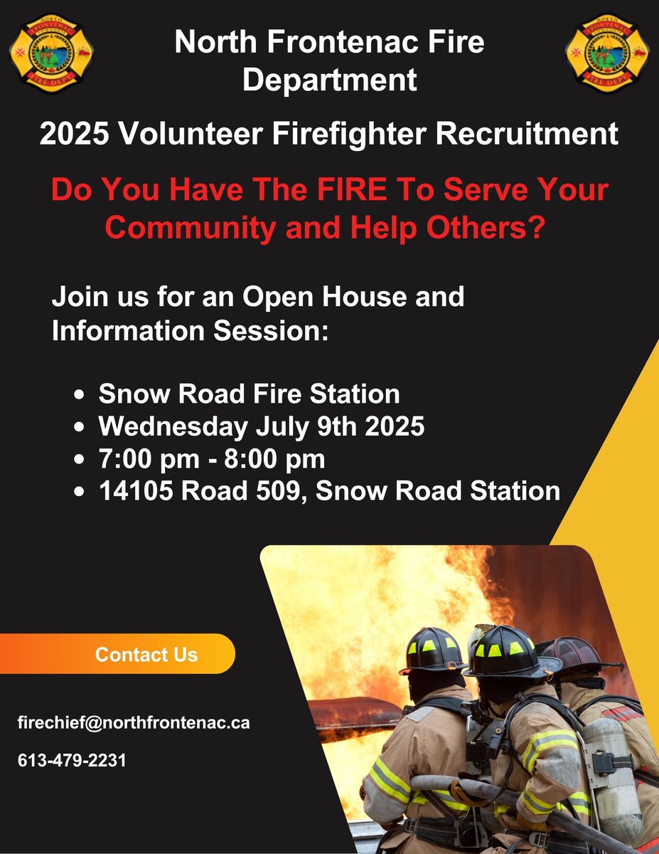 Join the North Frontenac Fire Department Open House and Information Session on July 9, 2025 from 7:00pm - 8:00pm at the Snow Road Fire Hall
#northfrontenac #infrontenac