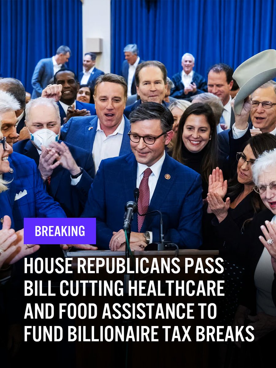 BREAKING: House Republicans just passed their budget. It goes to the Oval Office next for Trump to sign.

The bill cuts healthcare and food assistance to give the wealthy trillions in tax breaks. It adds $3.4 trillion to the debt.

Never, ever forget what they just voted for.