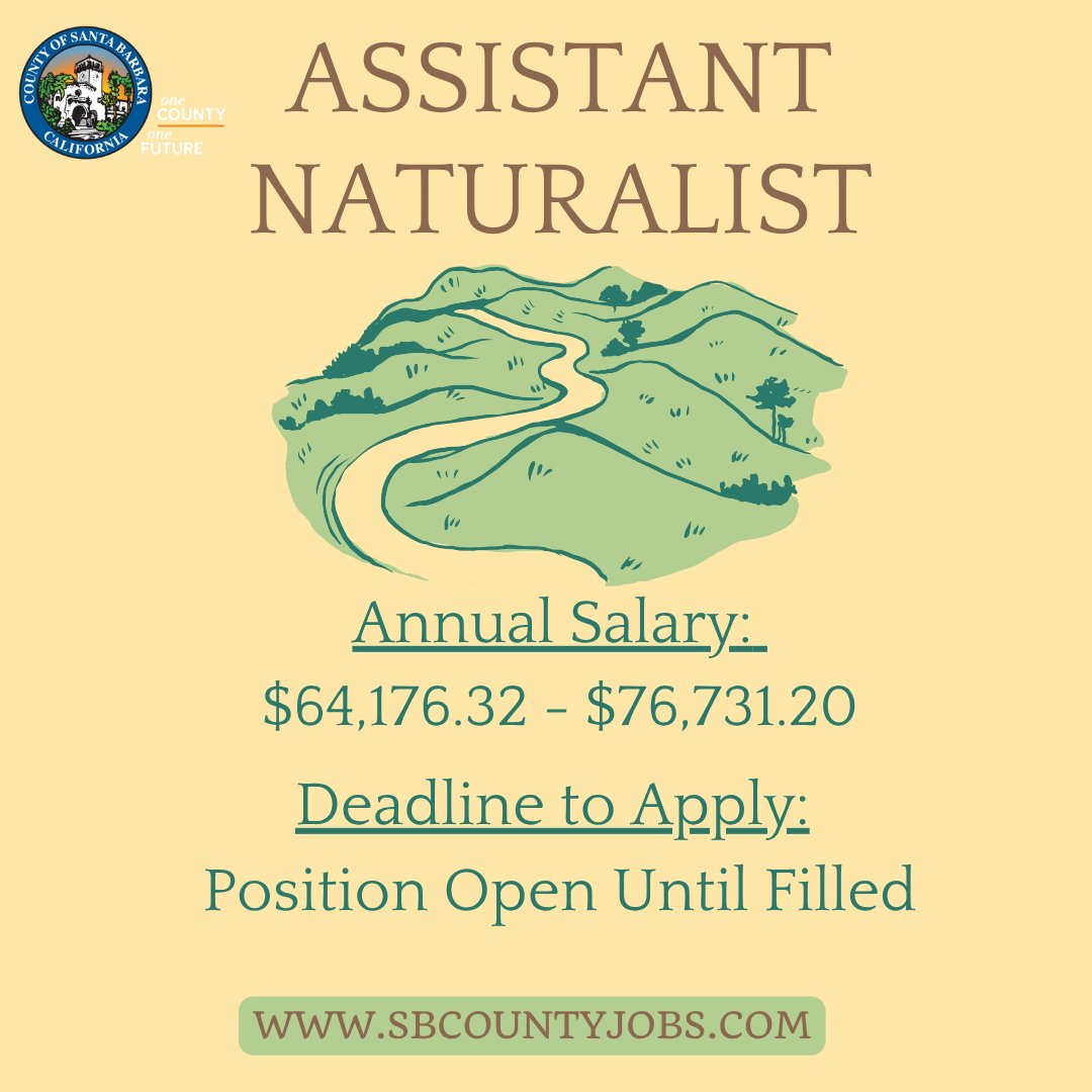 CountySBCareers's tweet image. The County of Santa Barbara is accepting applications for one (1) part-time Assistant Naturalist vacancy. For more information on this opportunity, please visit SbCountyJobs.com. This recruitment is open until it is filled. #FederalEmployees #GovernmentJobs #NowHiring