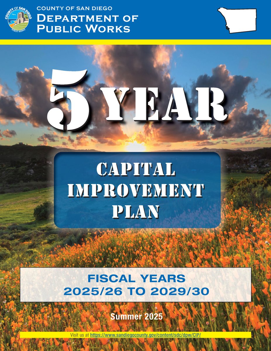🚧 Building for Tomorrow 🚧 
We’re proud to share the County of San Diego’s Department of Public Works 5-Year Capital Improvement Plan: a roadmap to stronger, safer, and more sustainable communities across our unincorporated areas. 

Learn more at bit.ly/4klg3Va