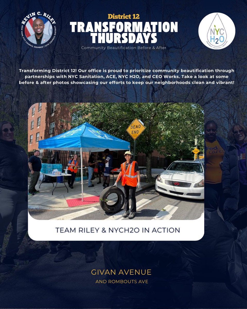 CMKevinCRiley's tweet image. 1/2 #TransformationThursday in District 12!
 
This week we are highlighting efforts of NYC H2O and our recent community clean up of Givan Ave. Their team + volunteers are essential in helping us tackle illegal dumping.