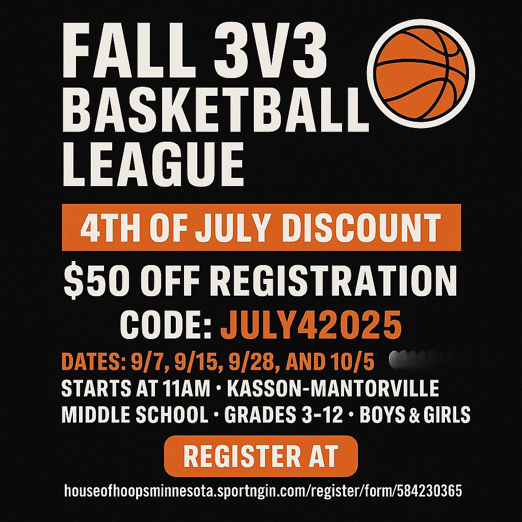 houseofhoopsmn's tweet image. 🏀 Fall 3v3 League is here! Boys &amp;amp; girls, grades 3–12 — 4 Sundays of hoops starting Sept 7 at KM Middle School, 11AM.

🎆 Use code JULY42025 for $50 off!
🔗 Register: houseofhoopsminnesota.sportngin.com/register/form/…

#YouthBasketball #3v3Hoops #HouseOfHoops