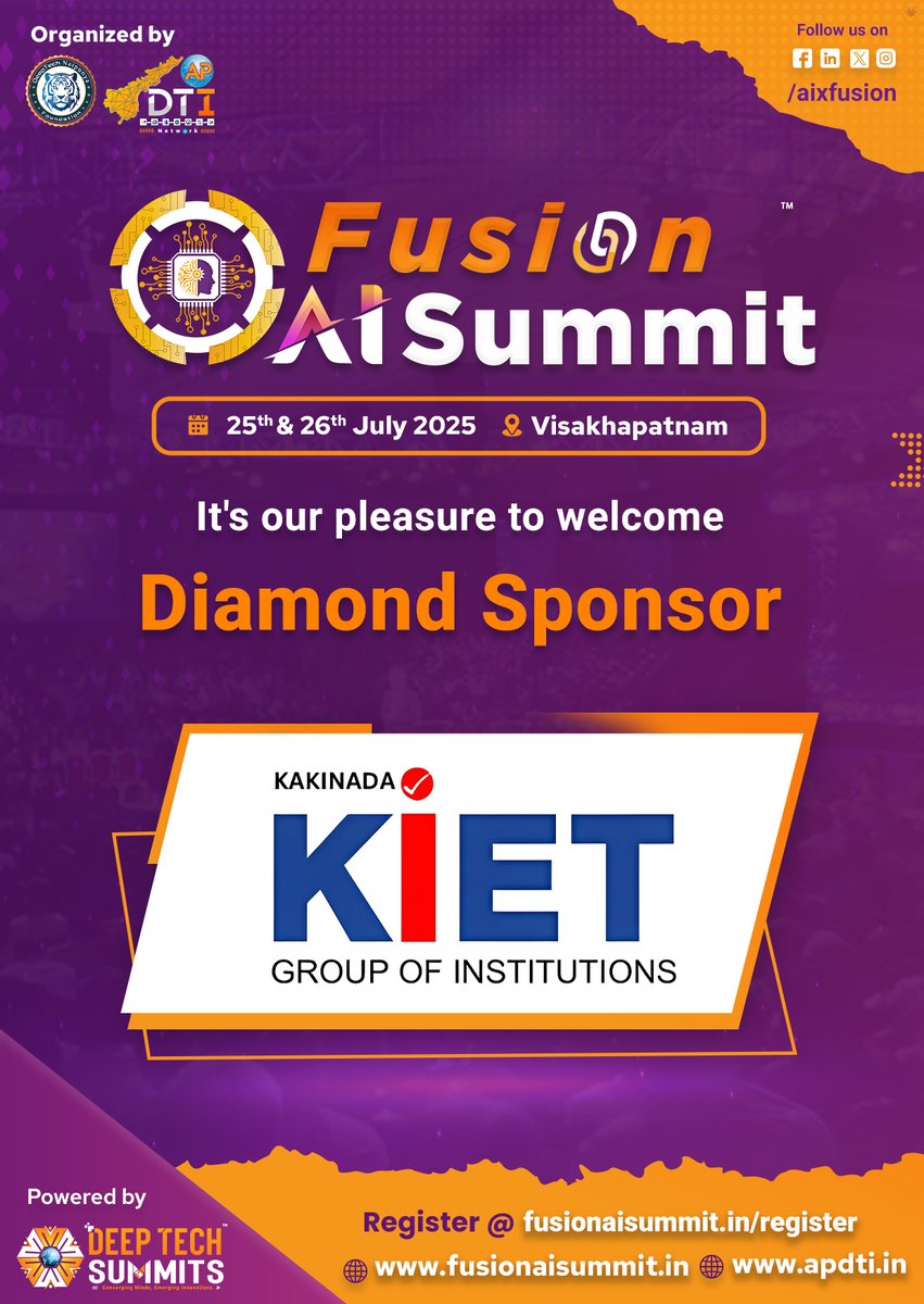 Excited to announce KIET Kakinada as a Diamond Sponsor for the #FusionAISummit, happening on 25–26 July 2025 in #Visakhapatnam!

#Register at: fusionaisummit.in

#AI #GenAI #AgenticAI #Vizag #AISummit #VizagSummit #Innovation #KIET #Kakinada #DiamondSponsor #FAIS
