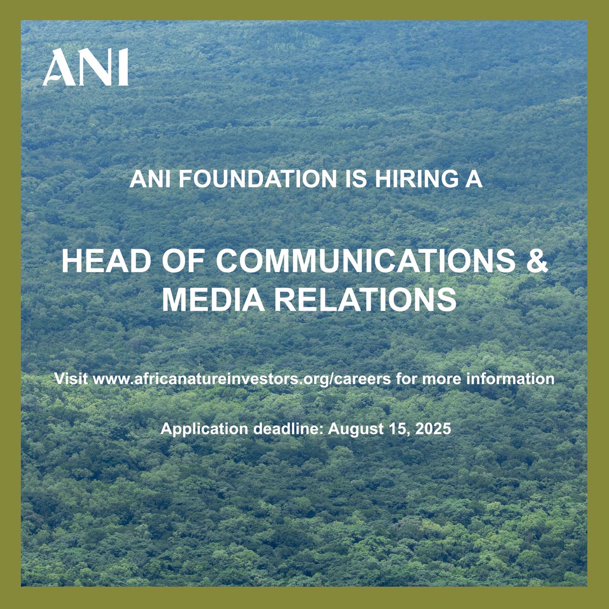 ANI IS HIRING: HEAD OF COMMUNICATIONS. 

ANI seeks a Head of Communications &amp; Media Relations Manager.  This is a strategic leadership role pivotal to shaping ANI’s public profile, driving donor engagement &amp; extending our reach at local, regional, and international fronts.