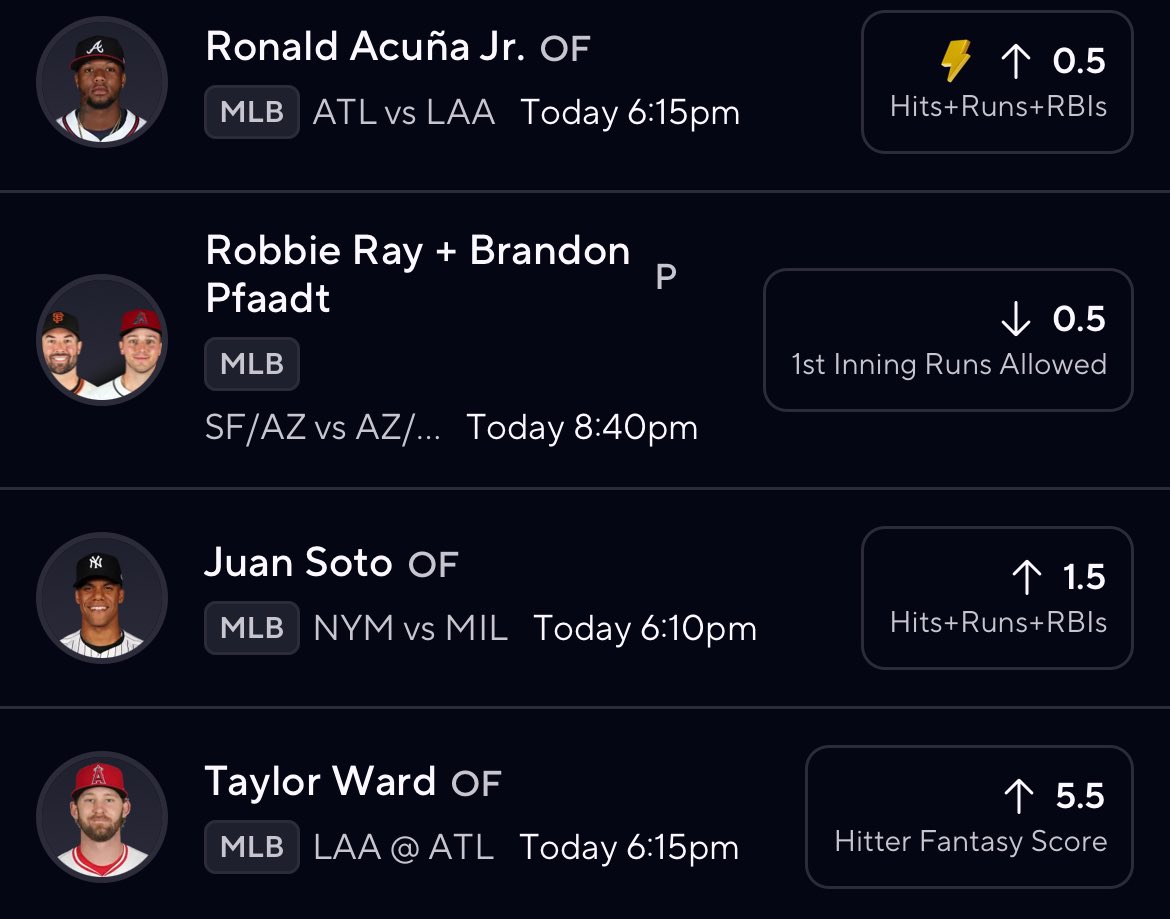 Ezoticc1's tweet image. $25 to someone who likes this💰

🔹 Ronald Acuna Jr. o1.5 hrr🔥
🔹 Robbie Ray combo u0.5 1st inning runs🔥
🔹 Juan Soto o1.5 hrr🔥
🔹 Taylor Ward o5.5 hitter fs🔥

Like to lock in. RT for extra luck 🍀