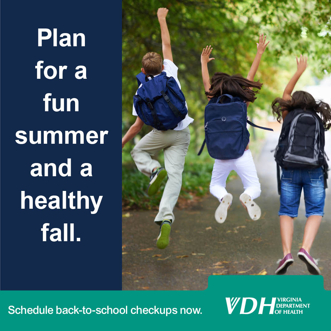 Appointments fill up quickly!  Schedule your kids’ #BackToSchool appointments to stay on top of routine care and immunizations. 

If your child does not have a healthcare provider, you can find a Vaccines for Children (VFC) provider at: vdh.virginia.gov/immunization/v…