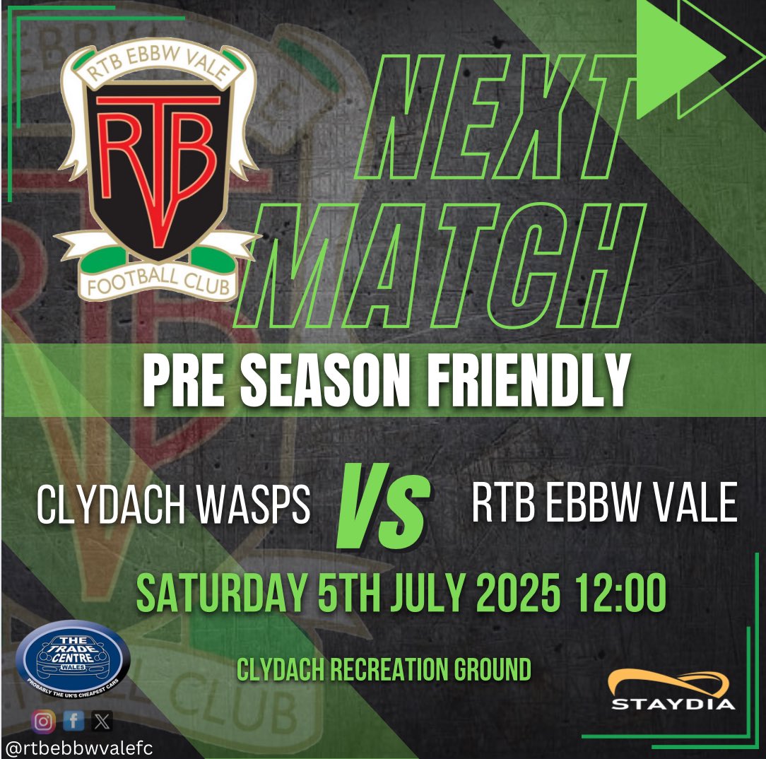 We have a double header this weekend!💚

⚽️ 1st Team Friendly
🆚 Cwm Welfare (A)
⏰ 12:30pm Kick off
📮 CF38 2AE

⚽️ Development Team Friendly
🆚 Clydach Wasps 2nds (A)
⏰ 12pm Kick off
📮 NP7 0LR