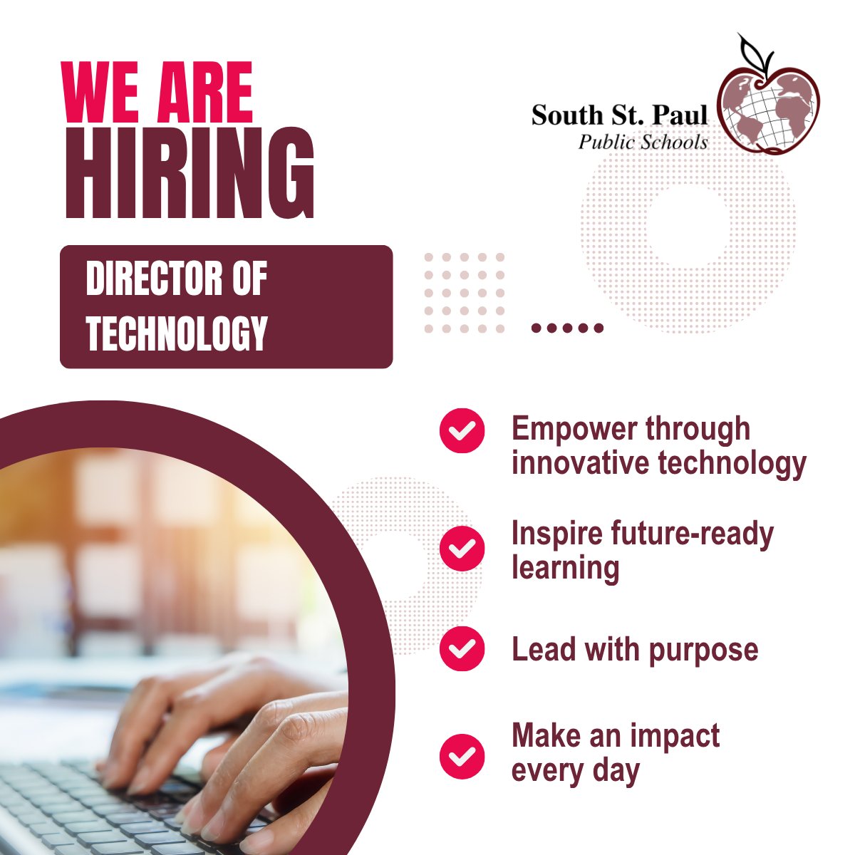 South St. Paul Public Schools (@sspps6) on Twitter photo South St. Paul Public Schools is now accepting applications for a full-time Director of Technology. Lead district-wide tech strategy, innovation, and infrastructure that supports student success. Learn more about apply here: applitrack.com/sspps/onlineap… South St. Paul Public Schools is now accepting applications for a full-time Director of Technology. Lead district-wide tech strategy, innovation, and infrastructure that supports student success. Learn more about apply here: applitrack.com/sspps/onlineap…