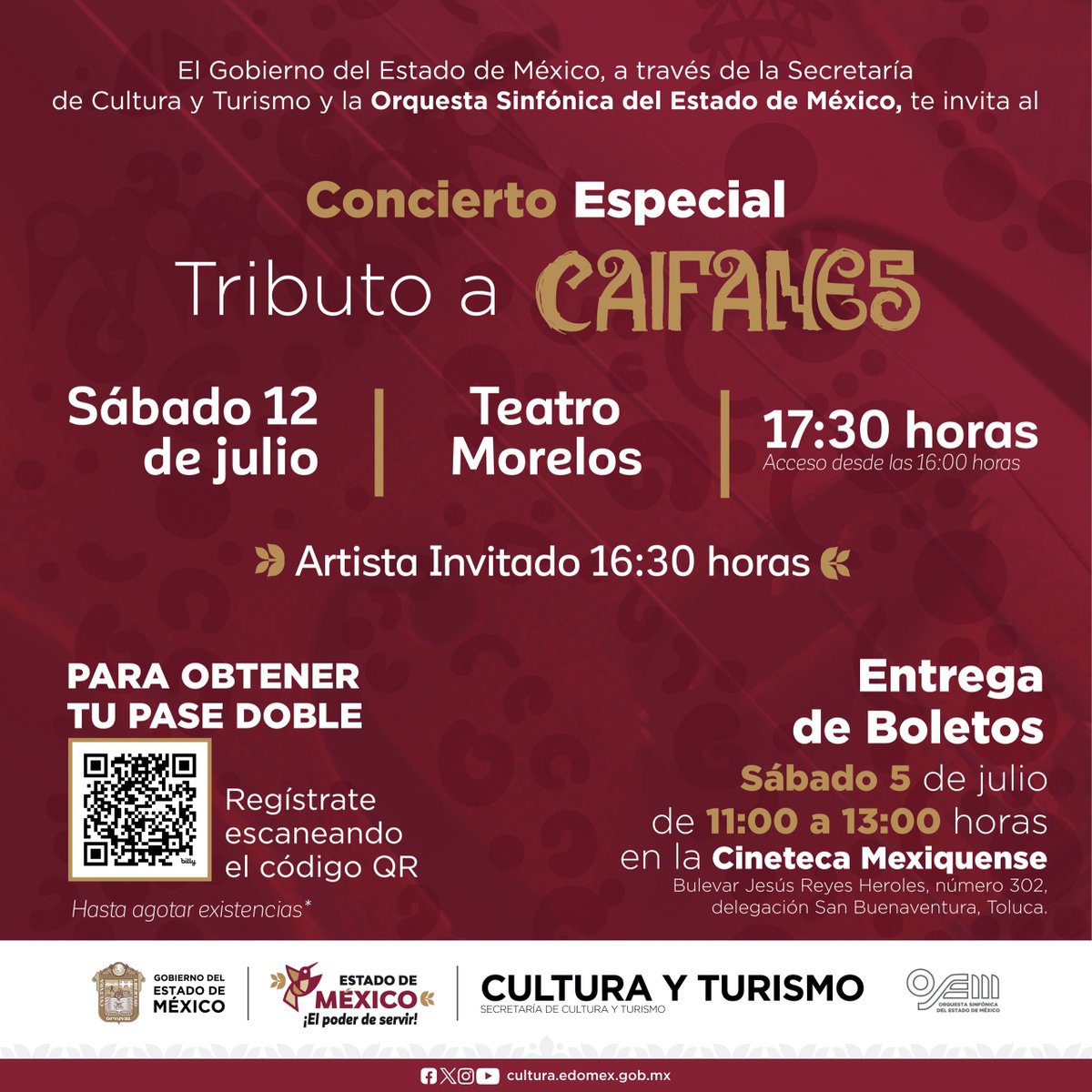 CulturaEdomex's tweet photo. ¡Disfruta de un maravilloso concierto de #RockSinfónico!
Acompáñanos al concierto especial de la @OSEMoficial “Tributo a Caifanes”.
Solo tienes que seguir nuestras páginas oficiales, escanea el código QR o ingresa a https://t.co/rVUveinp2a, regístrate y obtén tu pase doble. https://t.co/0c9mvGyxjy