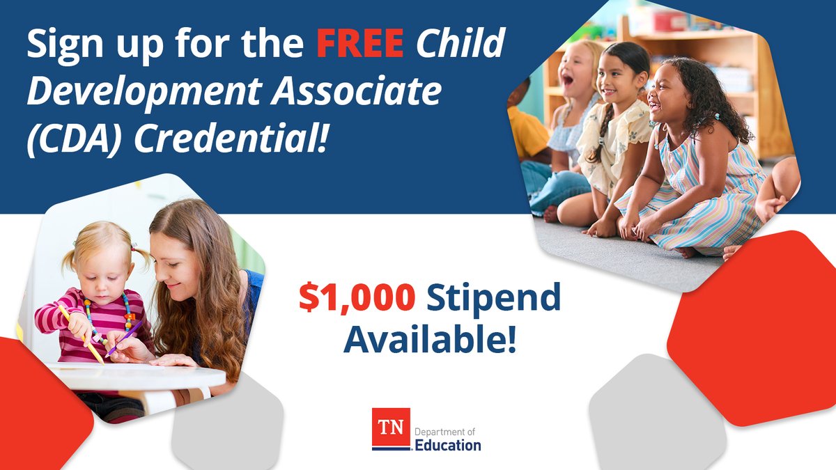 TNedu's tweet image. The department is offering a FREE 24-week CDA program and a $1,000 stipend upon completion to any teacher or teacher assistant currently working in a Tennessee public or private school. Seats are limited, reserve your spot now: stateoftennessee.formstack.com/forms/pathway_…