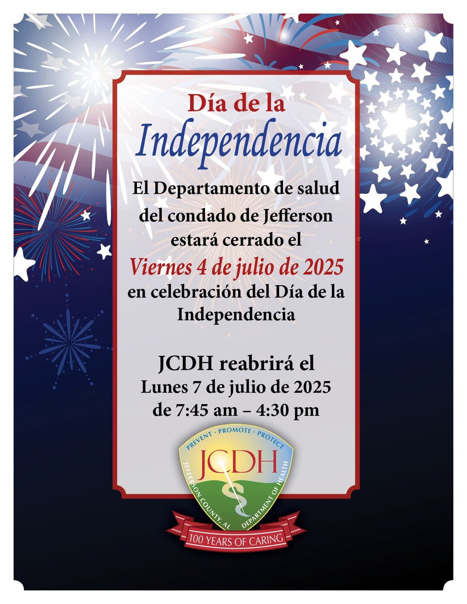 The Jefferson County Department of Health will be closed on Friday, July 4, 2025, in observance of Independence Day. We will reopen on Monday, July 7, 2025, at 7:45 AM. Have a safe holiday weekend!