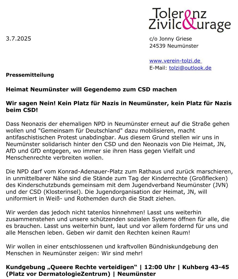 Die NPD darf vom Konrad-Adenauer-Platz zum Rathaus und zurück marschieren, in unmittelbarer Nähe die Stände zum Tag der Kinderrechte (Großflecken) und der #CSD (Klosterinsel). Die JN will uniformiert in Weiß- und Rothemden durch die Stadt ziehen.🤢
Kommt bitte zahlreich: #nms0507
