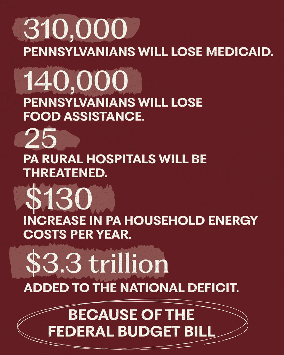 The federal budget bill Congress just passed is shameful and it is going to hurt Pennsylvania. 

The Republican members of our delegation who voted for this bill just voted for: cutting healthcare and food assistance for over half a million Pennsylvanians, eliminating 26,000