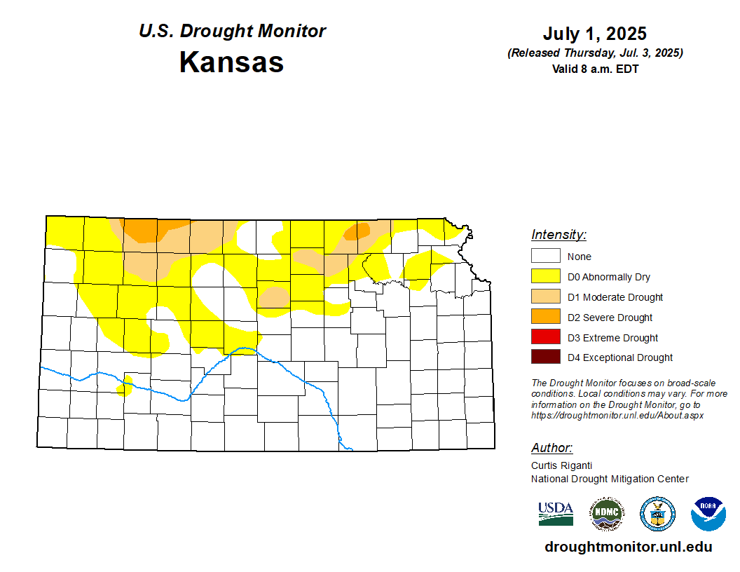 kswateroffice's tweet photo. Weekly #ksdrought monitor: The north central and eastern part of the state seeing relief from D1 and D0 conditions. D2 conditions are still present in parts of north Kansas. #kswater https://t.co/12xx1iisIa