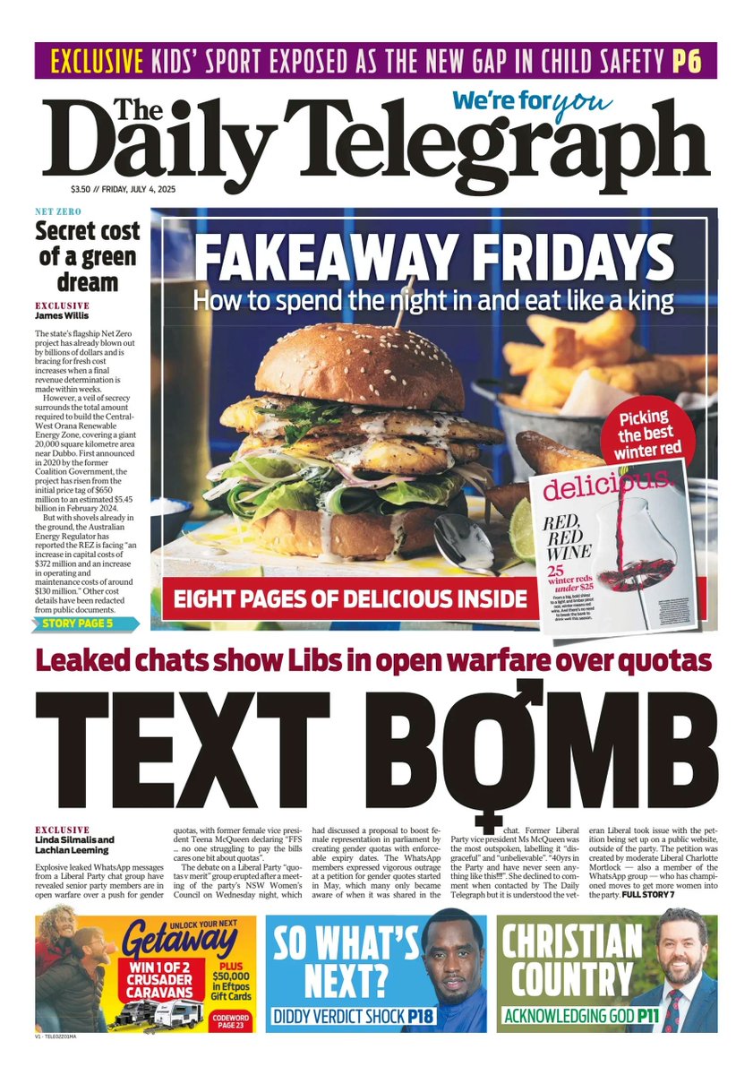 π΅ππππ πΏππππ πππππ’ π° (@ukpapers) on Twitter photo π¦πΊ Text Bomb
β«Explosive leaked WhatsApp messages from a Liberal Party discussion group have revealed that senior party members are in open warfare over a push for gender quotas
β«<a href="/LindaSilmalis/">Linda Silmalis</a> <a href="/LeemingLachie/">Lachlan Leeming</a>
#frontpagestoday #Australia <a href="/dailytelegraph/">The Daily Telegraph</a> π¦πΊ Text Bomb
β«Explosive leaked WhatsApp messages from a Liberal Party discussion group have revealed that senior party members are in open warfare over a push for gender quotas
β«<a href="/LindaSilmalis/">Linda Silmalis</a> <a href="/LeemingLachie/">Lachlan Leeming</a>
#frontpagestoday #Australia <a href="/dailytelegraph/">The Daily Telegraph</a>