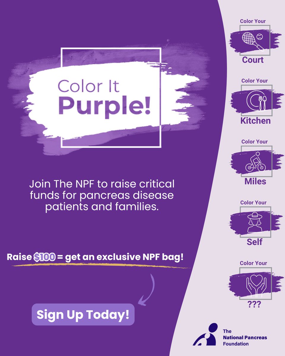 NatPancFdn's tweet image. 💜 Color It Purple is BACK! Join NPF’s month-long fundraising challenge this August to support pancreas disease patients.
🎯 Pick your challenge
📱 Share + fundraise
👉 Sign up: fundraise.givesmart.com/vf/ColorItPurp…
#pancreasdisease #pancreatitis #fundraise