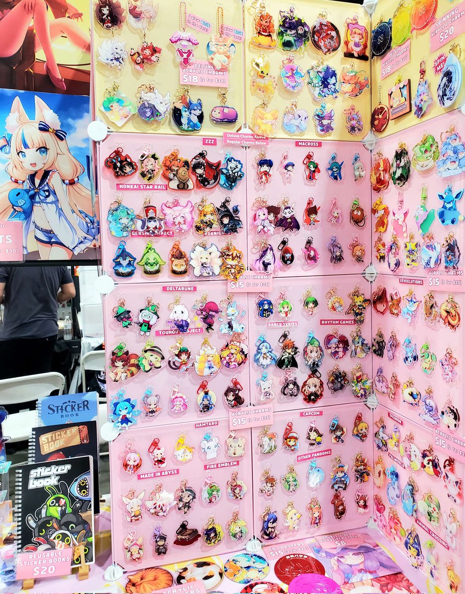 LemonCremeS's tweet image. Here&apos;s my artist alley table for AX! Stop by Table B57 for Touhou, ZZZ, and Macross stamp rallies! 🍋 
#AX2025ArtistAlley #AXArtistAlley2025