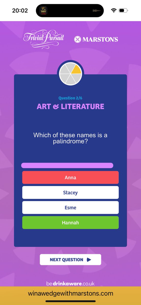 MikeW_DLead's tweet image. Dear @AskMarstons Please check questions and options in your online Trivial Pursuit quiz. “Anna” is a palindrome, as is “Hannah”. This “error” (not a palindrome) meant I didn’t win.
#AttentionToDetail