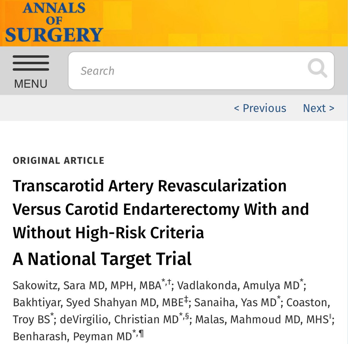 SSB, MD, MBE (@aortologist) on Twitter photo Out now in <a href="/AnnalsofSurgery/">Annals of Surgery</a>
TCAR vs CEA!
Amazing work from <a href="/SaraSakowitz/">Sara Sakowitz</a> <a href="/amulyavad/">Amulya Vadlakonda</a> <a href="/CoreLabUCLA/">UCLA CORE Lab</a> <a href="/drdevirgilio/">Christian de Virgilio MD FACS</a>
Link ⬇️ Out now in <a href="/AnnalsofSurgery/">Annals of Surgery</a>
TCAR vs CEA!
Amazing work from <a href="/SaraSakowitz/">Sara Sakowitz</a> <a href="/amulyavad/">Amulya Vadlakonda</a> <a href="/CoreLabUCLA/">UCLA CORE Lab</a> <a href="/drdevirgilio/">Christian de Virgilio MD FACS</a>
Link ⬇️