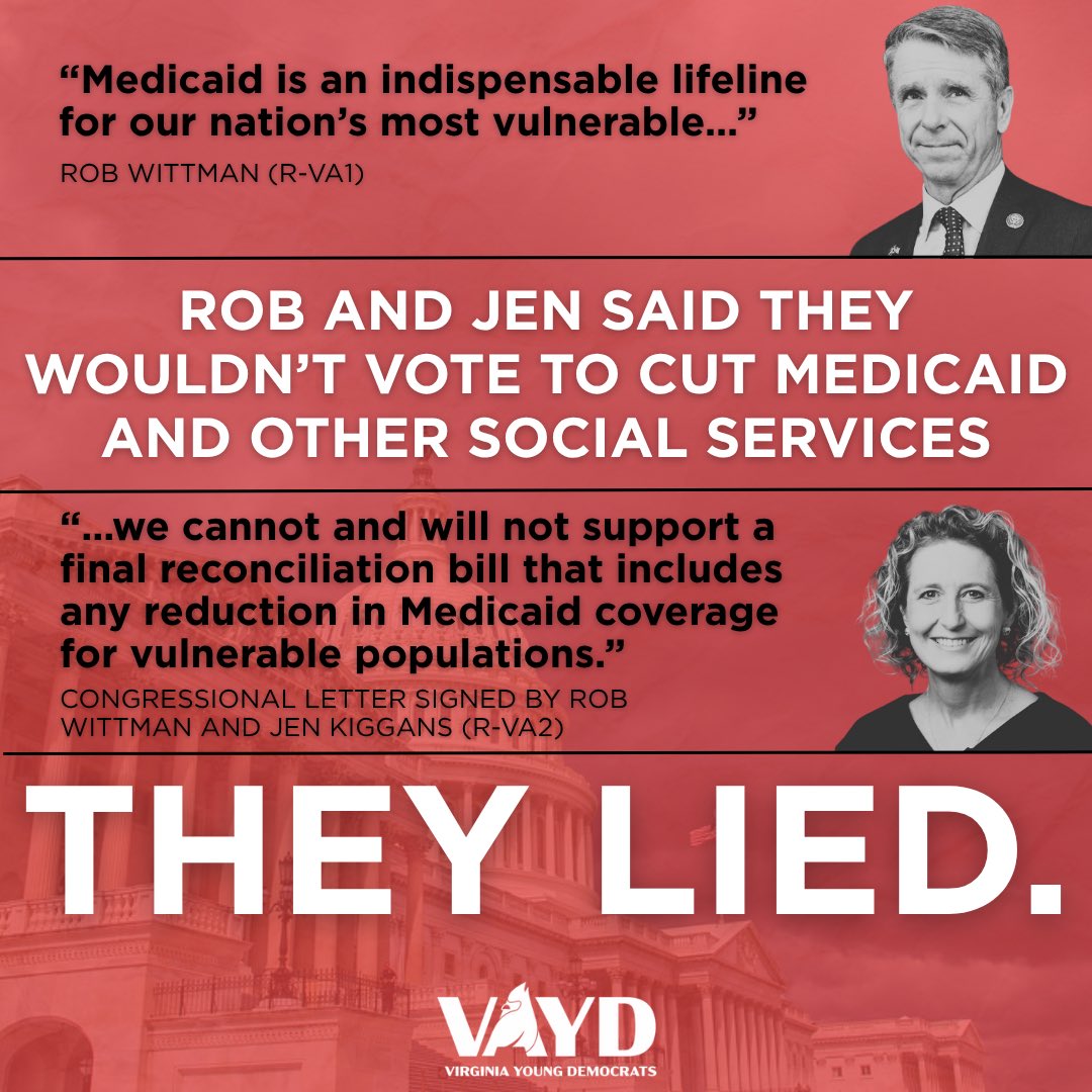 VAYD's tweet image. All five Virginia Republicans voted to harm Virginians today.
They voted to strip social services, attack vulnerable communities, and put our Commonwealth’s future in jeopardy.
Shame on them. Virginia will remember this!
