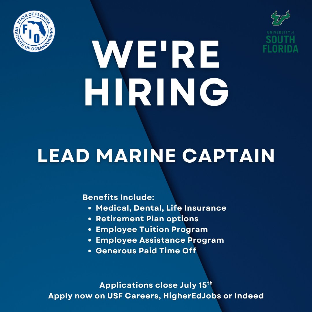 Florida Institute of Oceanography (FIO) (@fio_stpete) on Twitter photo We're hiring a Lead Marine Captain! 
 
This position is responsible for the ongoing operation, maintenance, and crew supervision of the R/V Western Flyer.
Interested? Apply on USF Careers, Indeed or HigherEdJobs.
Job ID: 40967
Applications close July 15th. We're hiring a Lead Marine Captain! 
 
This position is responsible for the ongoing operation, maintenance, and crew supervision of the R/V Western Flyer.
Interested? Apply on USF Careers, Indeed or HigherEdJobs.
Job ID: 40967
Applications close July 15th.