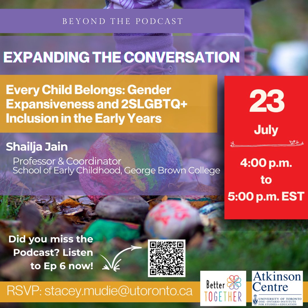 Atkinson Centre (@atkinsoncentre) on Twitter photo July 23: In this virtual session Shailja Jain, Professor & Coordinator, School of Early Childhood, <a href="/GBCollege/">George Brown College</a>, will explore practical strategies and inclusive practices to support gender diversity and #2SLGBTQ+ #inclusion in #earlychildhood settings.
oise.utoronto.ca/atkinson/event⦠July 23: In this virtual session Shailja Jain, Professor & Coordinator, School of Early Childhood, <a href="/GBCollege/">George Brown College</a>, will explore practical strategies and inclusive practices to support gender diversity and #2SLGBTQ+ #inclusion in #earlychildhood settings.
oise.utoronto.ca/atkinson/eventā¦