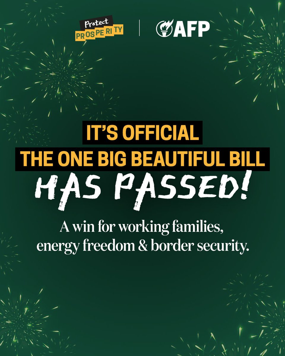 🇺🇸 A Big Win for America! 🇺🇸

Huge thanks to the lawmakers who made the One Big Beautiful Bill a reality! 

✅ Lower taxes
✅ Bigger child tax credits
✅ Stronger borders
✅ A safer, more secure future

This is what leadership looks like. Let’s keep the momentum going! 
#AFP