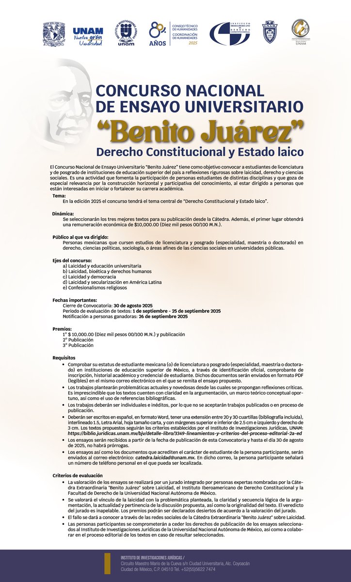 ¿Tienes ideas innovadoras sobre el Derecho Constitucional y el Estado Laico? 🤔

Participa en el Concurso Nacional de Ensayo Universitario "Benito Juárez". ¡Tu ensayo podría ser premiado con $10,000.00 M.N. y publicado!

🗓 30/08/25
📌 Encuentra toda la información en la imagen👇