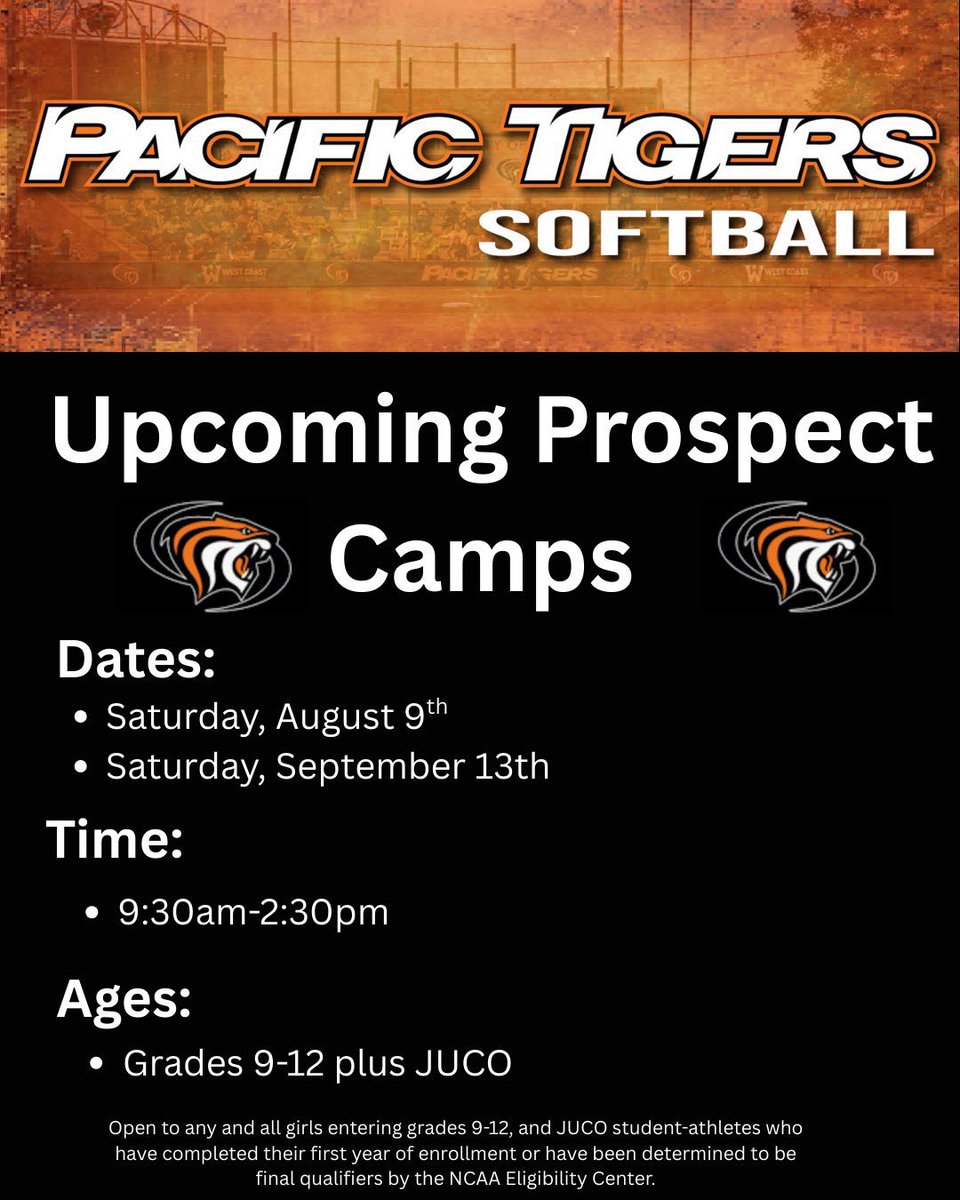 We’re a little over a month out from camp one🐯
Sign up now!!

Link: pacificsoftballcamps.totalcamps.com/About%20Us