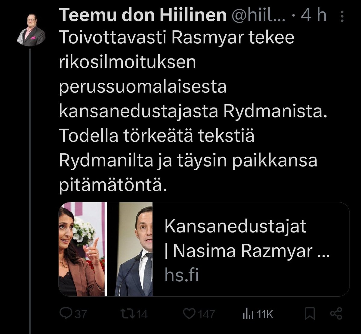 Kimmo Kymäläinen (@kimkymalainen) on Twitter photo Jollei tämä Hamasin ottopoika olisi blokannut.
Kysyisin, mikä <a href="/willerydman/">Wille Rydman</a> sanomisissa ei ole totta?
Toivon sydämestäni, että <a href="/NasimaRazmyar/">Nasima Razmyar</a> tekee rikosilmoituksen 😊 Jollei tämä Hamasin ottopoika olisi blokannut.
Kysyisin, mikä <a href="/willerydman/">Wille Rydman</a> sanomisissa ei ole totta?
Toivon sydämestäni, että <a href="/NasimaRazmyar/">Nasima Razmyar</a> tekee rikosilmoituksen 😊