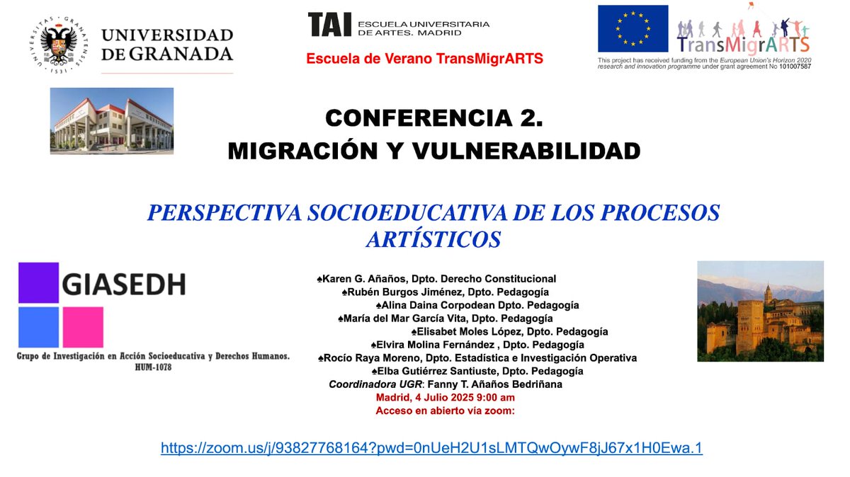 Nos complace invitarles a la conferencia de nuestro equipo, liderado por la Prof Fanny Añaños, sobre migración y vulnerabilidad desde una perspectiva socioeducativa y artística, en el marco del proyecto europeo #TRANSMIGRARTS.
🔗 zoom.us/j/93827768164?…
#Migración #Vulnerabilidad