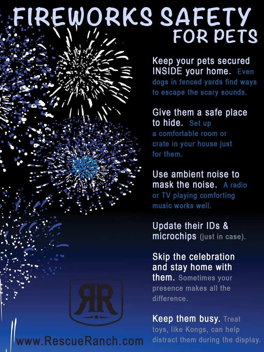 Just a few tips on how we can keep our furry, feathered and scaly friends safe during the July 4th celebrations this weekend!

#4thofJuly #petsafety #RescueRanch
