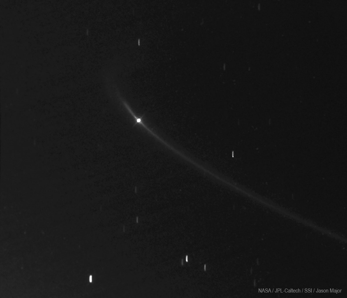 The bright spot in the center of this image is Anthe, a 1.8-km-wide moon orbiting Saturn between Mimas and Enceladus. It travels inside its own partial ring: the Anthe Ring Arc, created by meteorite impacts. This image was captured with Cassini 17 years ago on July 3, 2008.