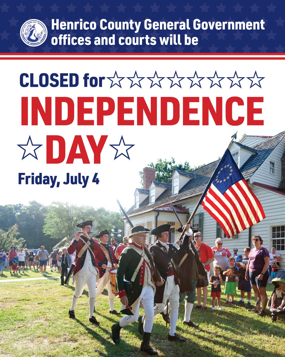 Henrico offices &amp; courts are closed today for Independence Day. Refuse collections will not occur &amp; are rescheduled for Saturday. Public-use areas are closed. Join us for Red, White &amp; Lights at Crump Park. Gates will open at 4 p.m. Details: henrico.gov/news/2025/07/r…