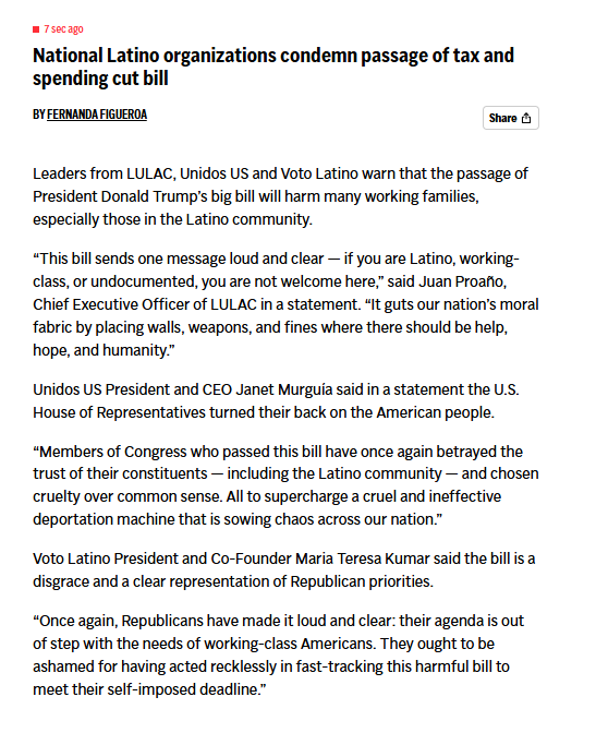Leaders from <a href="/LULAC/">LULAC</a>, @WeAreUnidos and <a href="/votolatino/">Voto Latino</a> warn that the passage of President Donald Trump’s big bill will harm many working families, especially those in the Latino community.
LIVE UPDATES: apnews.com/live/donald-tr…