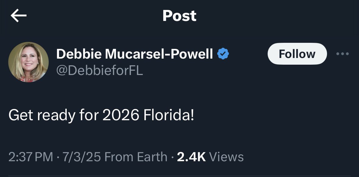 Debbie blocked me on Twitter but let me be one of the first to say I wholeheartedly endorse her running for Senate again in Florida. 

Go Debbie go!