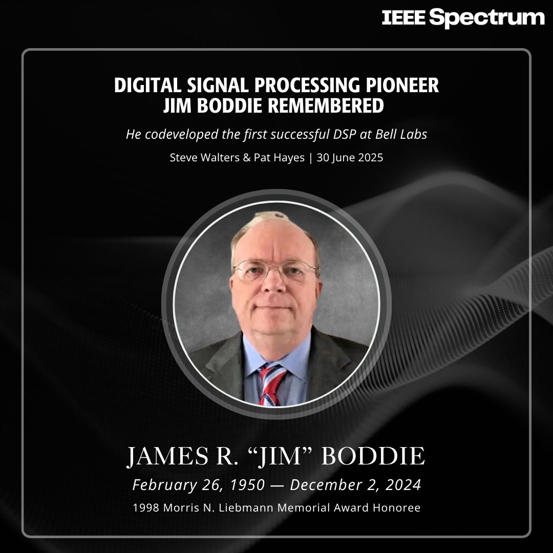 IEEEAwards's tweet image. The late James R. “Jim” Boddie helped to pioneer the first single-chip digital #SignalProcessing devices, earning the @IEEEorg Morris N. Liebmann Memorial Award, alongside #DSP co-developer Richard A. Pedersen. Read his story now at @IEEESpectrum: bit.ly/44KdXJU