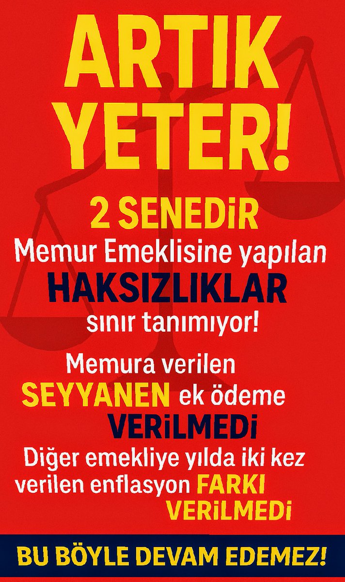 Ardıç Kara (@dundar80479) on Twitter photo <a href="/OnderKahveci/">Önder Kahveci</a> Böyle uzuun uzun anlatmaya gerek yok başkan,
"#MemurEmeklisineAdalet yok, #EmekliMemur 2 yıldır eksik maaş alıyor, ARTIK YETER" deyin olsun bitsin!
<a href="/TurkiyeKamusen/">Türkiye Kamu-sen</a> <a href="/OnderKahveci/">Önder Kahveci</a> Böyle uzuun uzun anlatmaya gerek yok başkan,
"#MemurEmeklisineAdalet yok, #EmekliMemur 2 yıldır eksik maaş alıyor, ARTIK YETER" deyin olsun bitsin!
<a href="/TurkiyeKamusen/">Türkiye Kamu-sen</a>