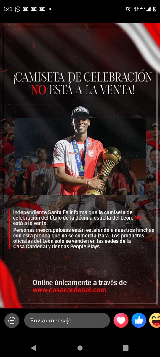 @_𝑭𝒂𝒃𝒊𝒐𝑴𝒂𝒕𝒆𝒖𝒔_ 🇮🇩 🦁 (@_fabiomateus_) on Twitter photo Informa <a href="/SantaFe/">Independiente Santa Fe</a> que la camiseta de celebración de la décima estrella no está ni estará a la venta y piden tener cuidado con personas que están estafando, ofreciéndola en venta. Informa <a href="/SantaFe/">Independiente Santa Fe</a> que la camiseta de celebración de la décima estrella no está ni estará a la venta y piden tener cuidado con personas que están estafando, ofreciéndola en venta.
