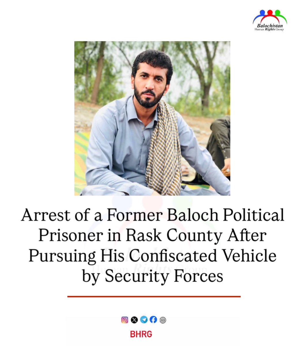 BHRG_1's tweet photo. Amer Goharhamzehi, a former Baloch political prisoner, was arrested by IRGC intelligence in Rask County on July 2, 2025, while pursuing his confiscated vehicle. The vehicle, seized in 2013, remains unreturned, violating Iran’s constitutional property and detention laws. https://t.co/FRVI6vhL5z